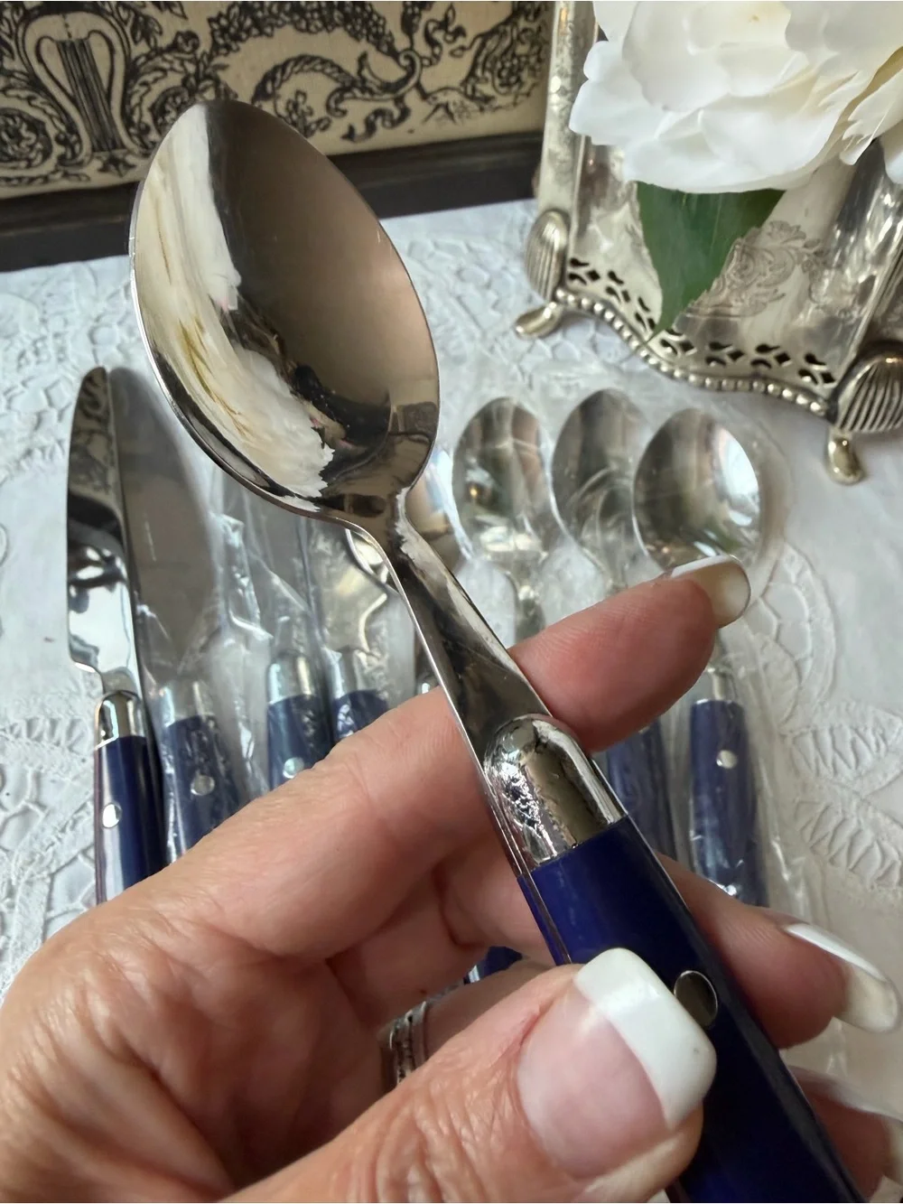 Blue & silver flatware set spoons and knives